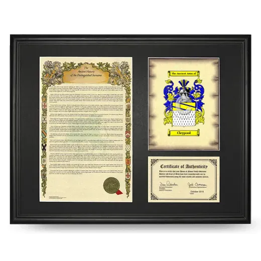 Cleypool Framed Surname History and Coat of Arms - Black