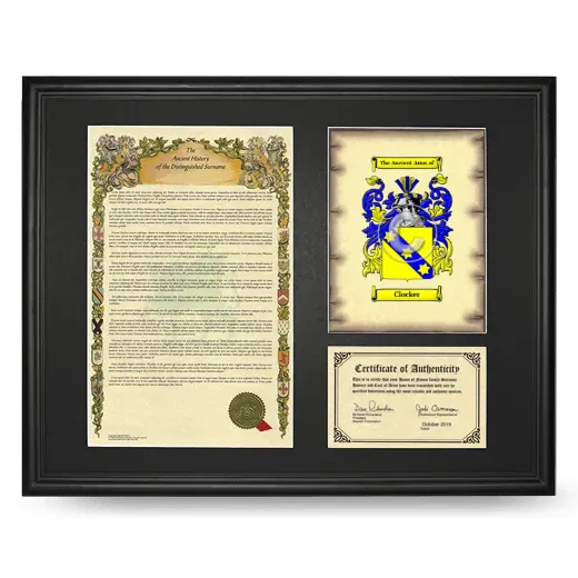 Clocker Framed Surname History and Coat of Arms - Black