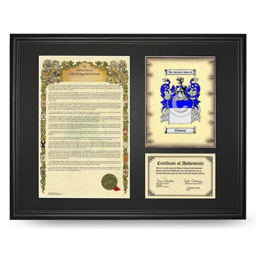 Clowny Framed Surname History and Coat of Arms - Black