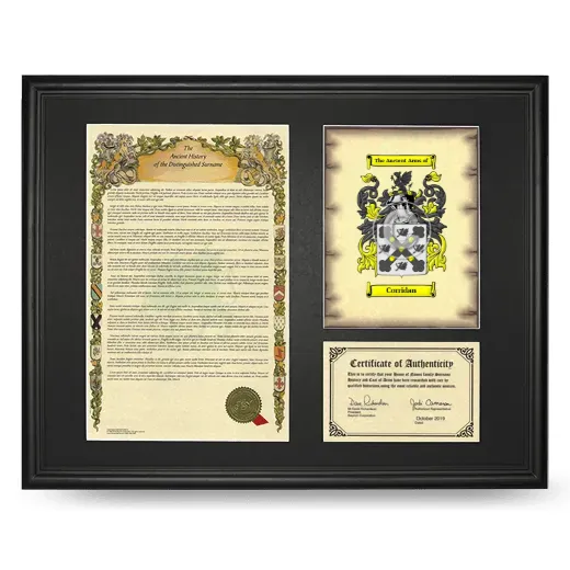 Corridan Framed Surname History and Coat of Arms - Black