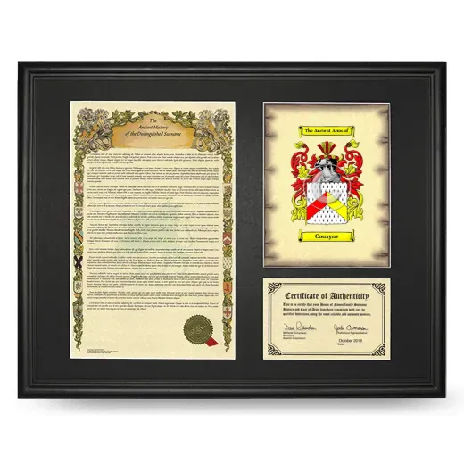 Cousyne Framed Surname History and Coat of Arms - Black