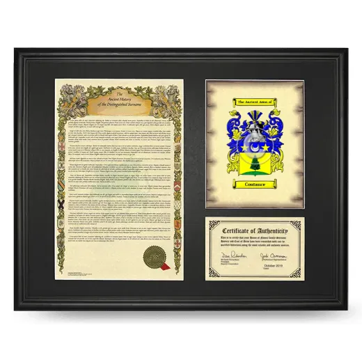 Coutance Framed Surname History and Coat of Arms - Black