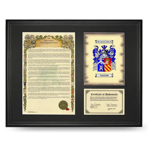 Cuadrado Framed Surname History and Coat of Arms - Black