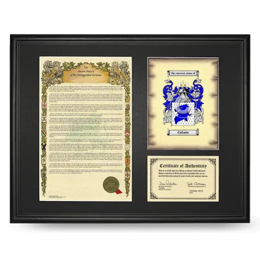 Cubate Framed Surname History and Coat of Arms - Black