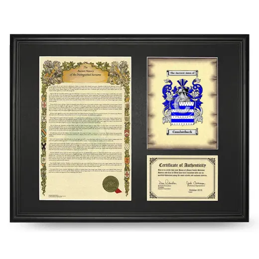Cumberback Framed Surname History and Coat of Arms - Black