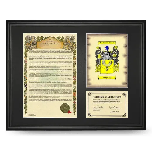 Dalgettey Framed Surname History and Coat of Arms - Black