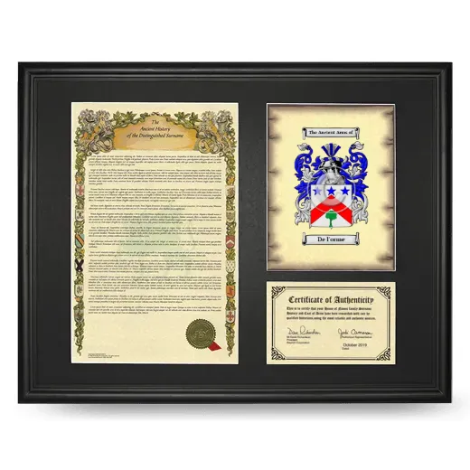 De l'orme Framed Surname History and Coat of Arms - Black