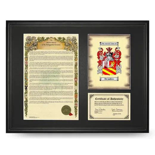 De'andres Framed Surname History and Coat of Arms - Black