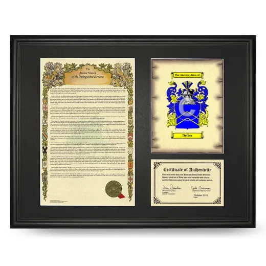 De'lea Framed Surname History and Coat of Arms - Black