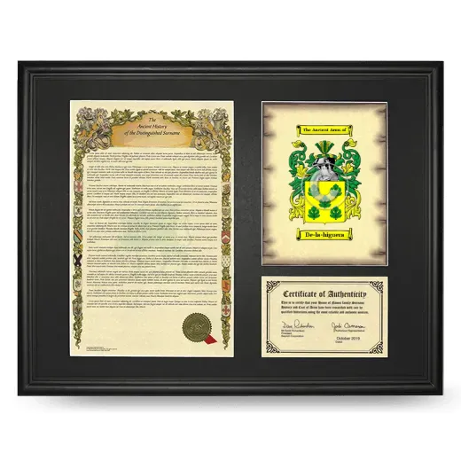De-la-higuera Framed Surname History and Coat of Arms - Black