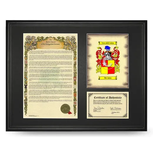 De-vera Framed Surname History and Coat of Arms - Black