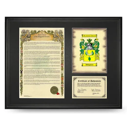 Delaparra Framed Surname History and Coat of Arms - Black