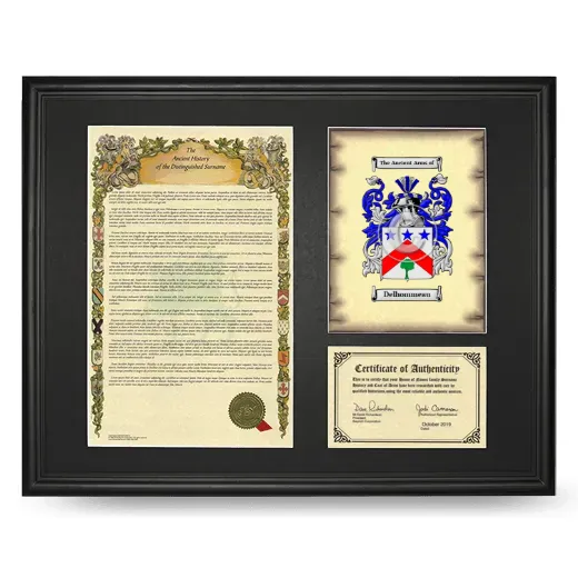 Delhommeau Framed Surname History and Coat of Arms - Black