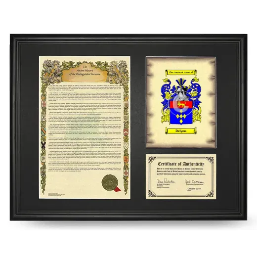 Delyon Framed Surname History and Coat of Arms - Black
