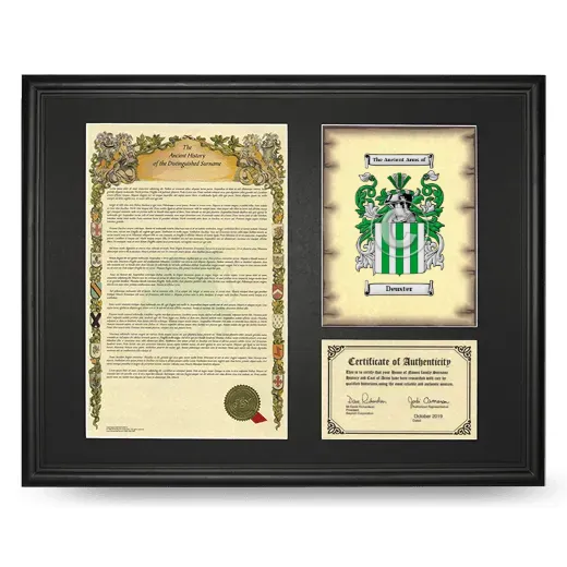 Deuster Framed Surname History and Coat of Arms - Black