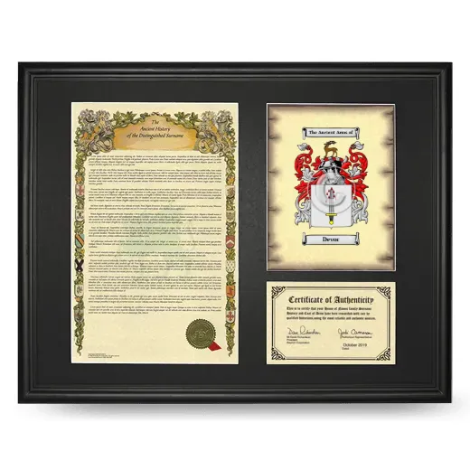 Devor Framed Surname History and Coat of Arms - Black