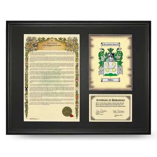 Dillier Framed Surname History and Coat of Arms - Black