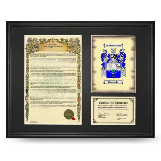Dinwoodie Framed Surname History and Coat of Arms - Black