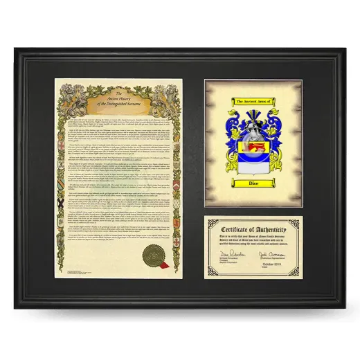 Dise Framed Surname History and Coat of Arms - Black