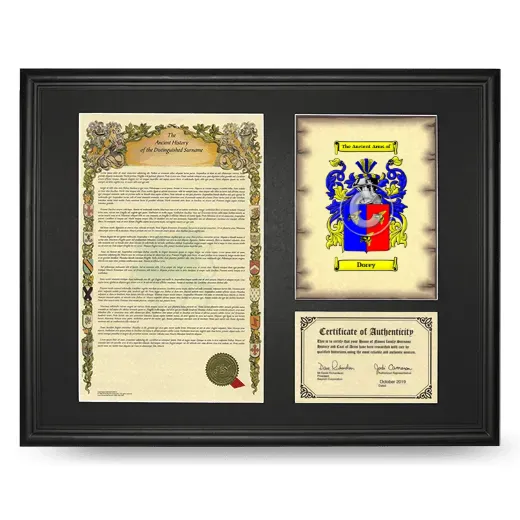 Dorey Framed Surname History and Coat of Arms - Black