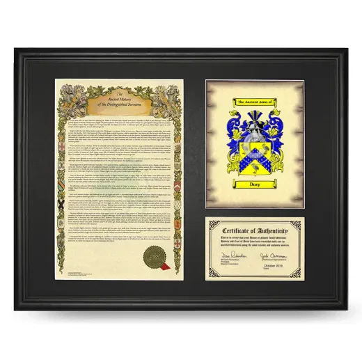 Dray Framed Surname History and Coat of Arms - Black