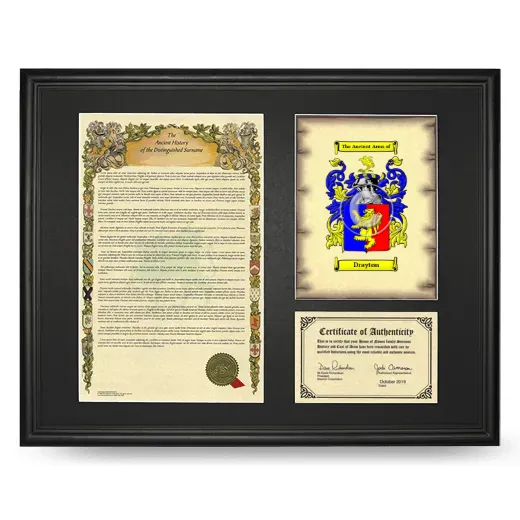 Drayton Framed Surname History and Coat of Arms - Black