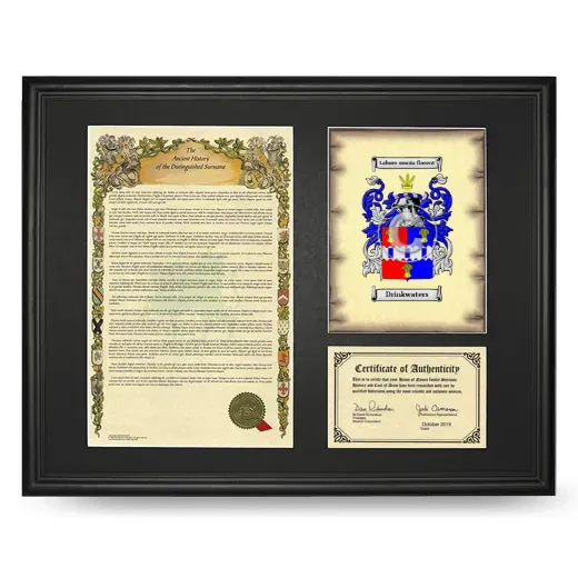 Drinkwaters Framed Surname History and Coat of Arms - Black