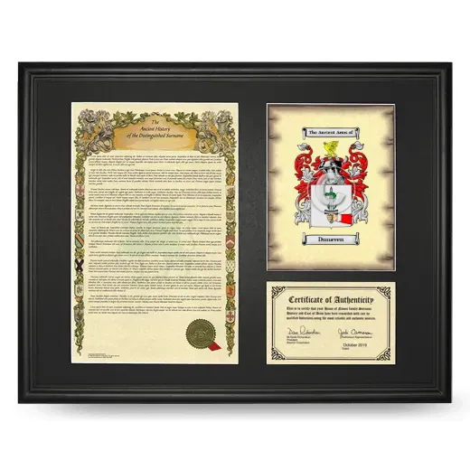 Dunaven Framed Surname History and Coat of Arms - Black