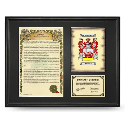 Dykeman Framed Surname History and Coat of Arms - Black