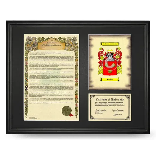 Earlie Framed Surname History and Coat of Arms - Black