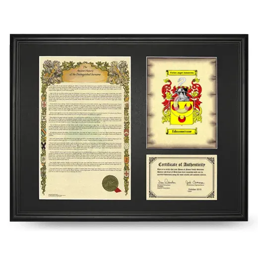 Edmonstone Framed Surname History and Coat of Arms - Black