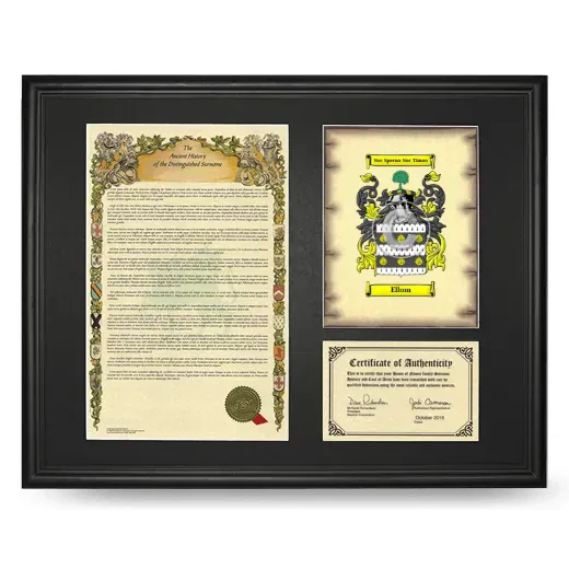 Ellum Framed Surname History and Coat of Arms - Black