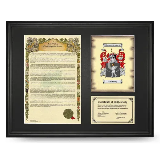 Emburey Framed Surname History and Coat of Arms - Black