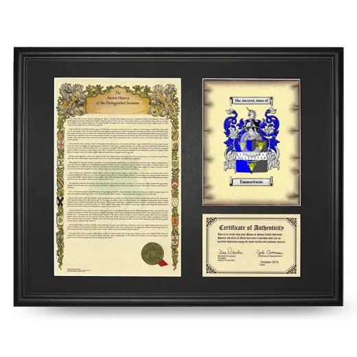 Emmetson Framed Surname History and Coat of Arms - Black