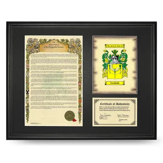 Escobedo Framed Surname History and Coat of Arms - Black
