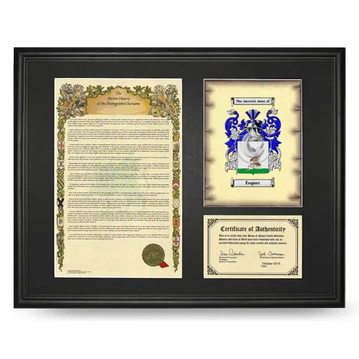 Esquer Framed Surname History and Coat of Arms - Black