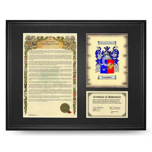 Evangelista Framed Surname History and Coat of Arms - Black