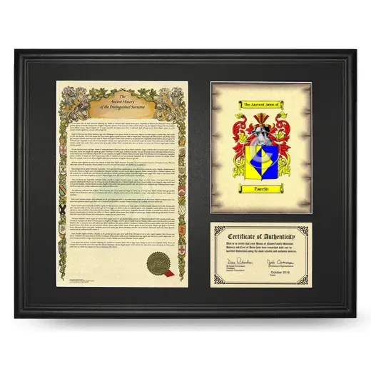 Faccio Framed Surname History and Coat of Arms - Black