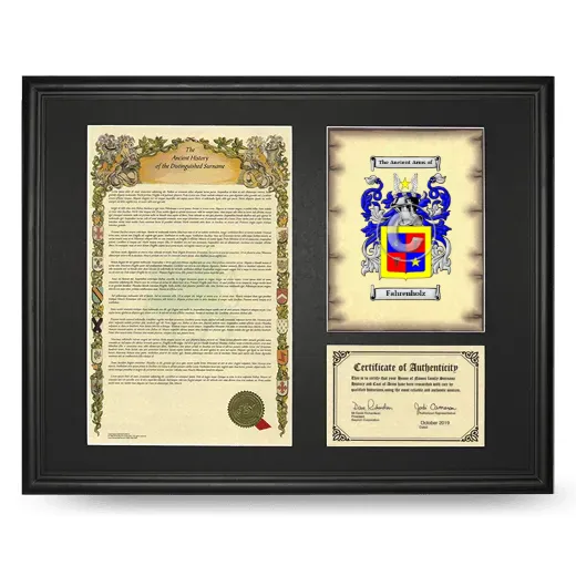 Fahrenholz Framed Surname History and Coat of Arms - Black