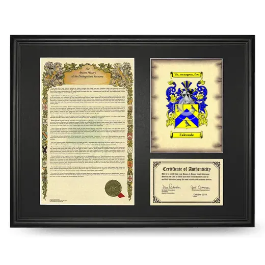 Falconde Framed Surname History and Coat of Arms - Black