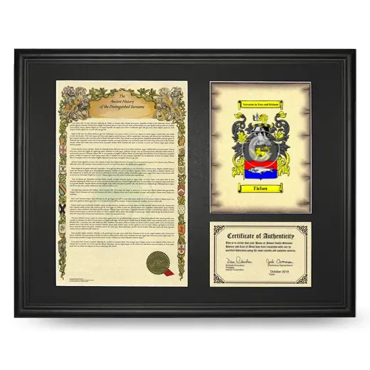 Ficher Framed Surname History and Coat of Arms - Black