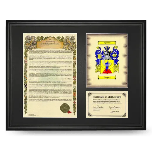 Fingers Framed Surname History and Coat of Arms - Black