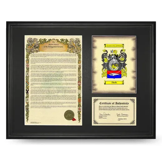 Fisch Framed Surname History and Coat of Arms - Black