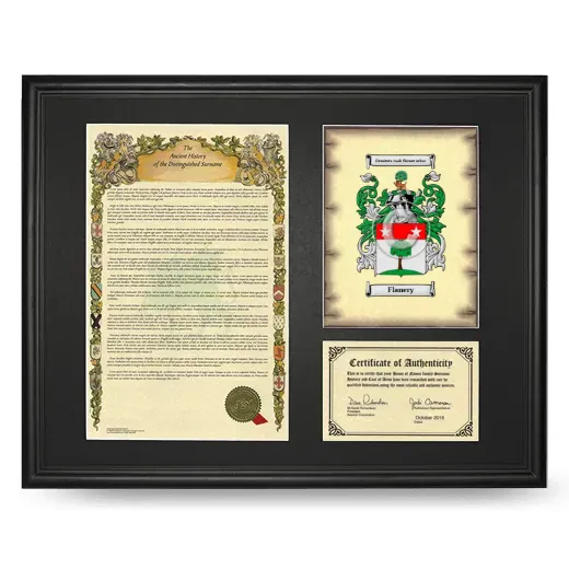 Flanery Framed Surname History and Coat of Arms - Black