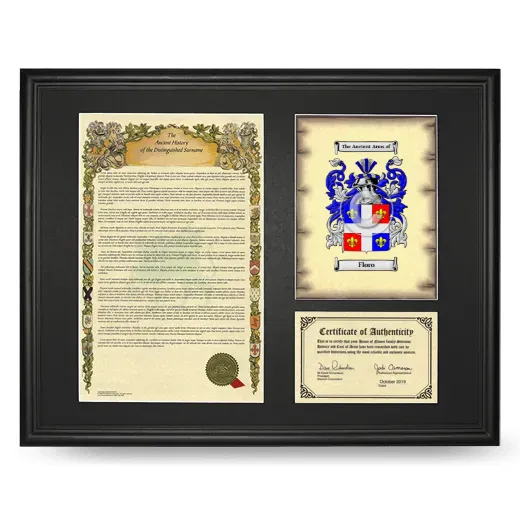 Floro Framed Surname History and Coat of Arms - Black