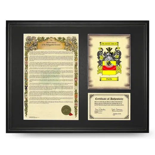 Fortis Framed Surname History and Coat of Arms - Black