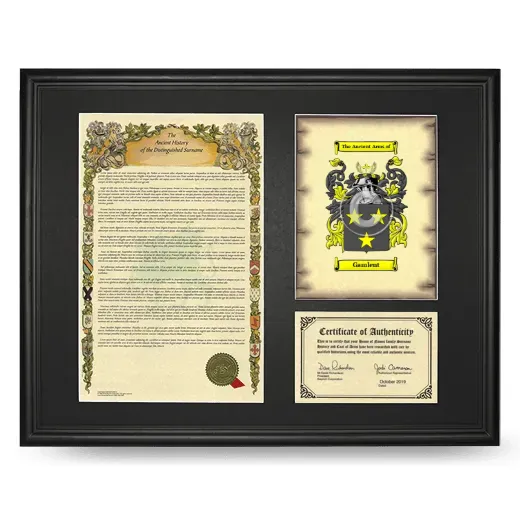 Gamlent Framed Surname History and Coat of Arms - Black