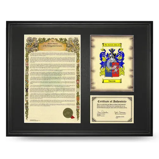 Garcon Framed Surname History and Coat of Arms - Black