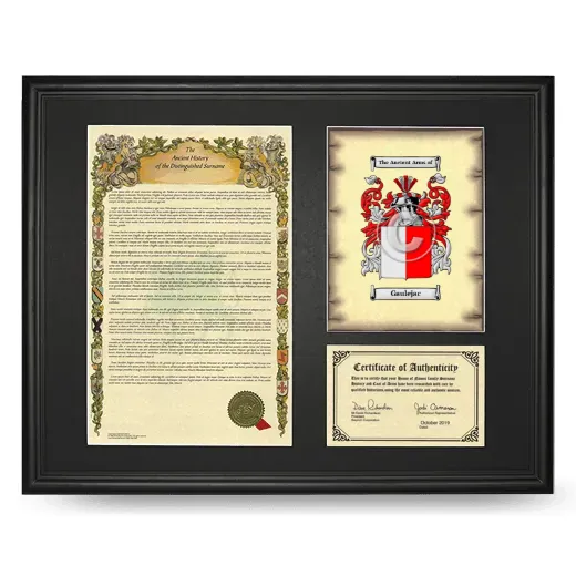 Gaulejac Framed Surname History and Coat of Arms - Black