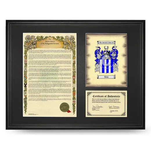 Gem Framed Surname History and Coat of Arms - Black